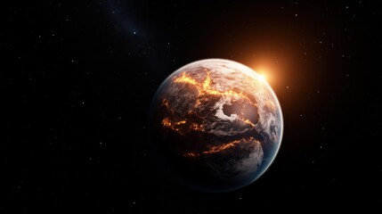 breathtaking view of Planet Earth as sunrise casts a warm glow over its surface, highlighting clouds and fiery landforms in a cosmic foreground filled with stars and darkness