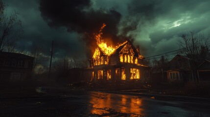 Nighttime blaze destroying a house, with intense flames illuminating the surroundings under a dark, ominous stormy sky