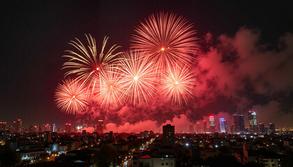 Joyful fireworks display illuminating skyline at night, Lunar New Year celebration