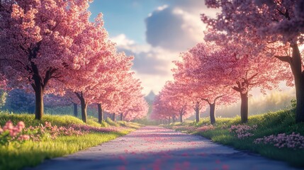 Naklejka premium Enchanting cherry blossom pathway in bloom under a clear blue sky