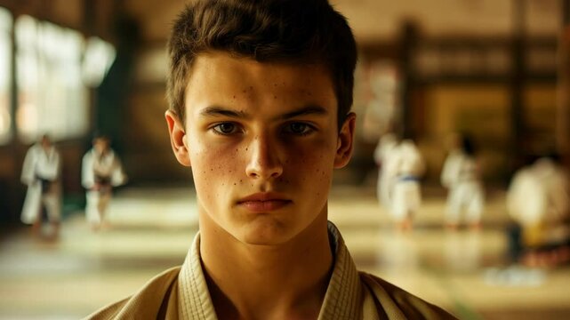Young karateka in traditional dojo setting - martial arts training and discipline scene AI