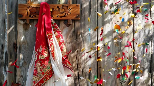 San Fermin festival display with red scarves, traditional white clothing, and bull running symbol on wooden background