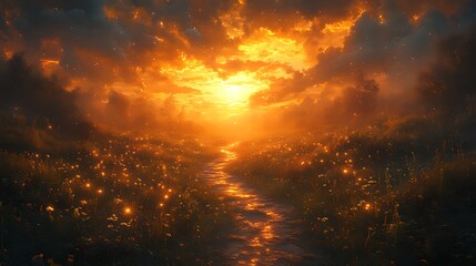 Sunset path, fireflies, field, misty forest, fantasy art