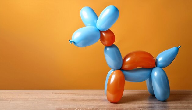 An animal figure made of modelling balloons on table against color background