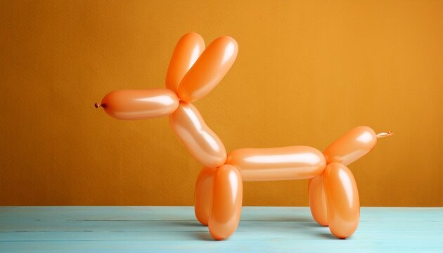 An animal figure made of modelling balloons on table against color background