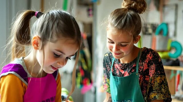 A girl participates in textile upcycling workshops, learning from a woman designer about eco-friendly fashion