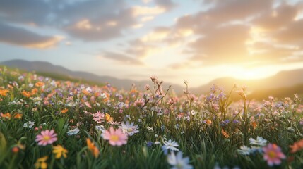 Naklejka premium Vibrant wildflowers in bloom at sunset over a tranquil meadow landscape