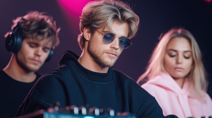 group of young musicians engages with electronic music equipment, showcasing their talent at an energetic indoor venue filled with colorful lights late at night