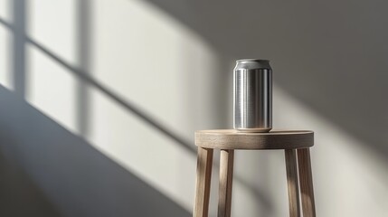 Metallic beverage can on wooden stool in sunlit room with window shadows