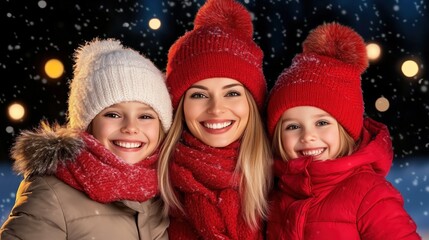 Fototapeta premium joyful family of three stands close together in a winter wonderland, wearing colorful hats and scarves