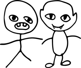 two anthropomorphic little people stand next to each other, one of them has horns and fangs