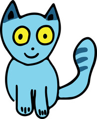 funny blue cat with big yellow eyes and striped tail sits smiling and looking at camera