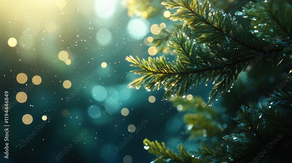 Aufkleber close-up of pine branch with dew drops and bokeh light in a tranquil forest setting