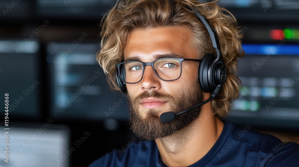 Aufkleber young man with curly hair and glasses sits attentively, wearing a headset while engaging in work. su