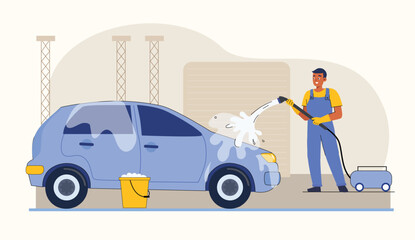 A fresh and dynamic illustration of a person washing a car with a hose, bringing out the joy of car maintenance.