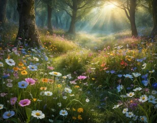 Obraz premium Sunlit Forest Path, Magical Meadow of Wildflowers, Dreamy Summer Landscape