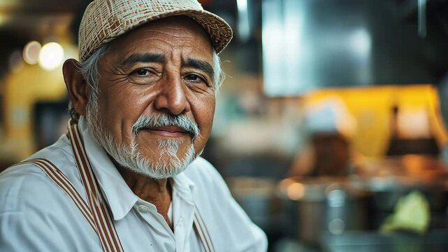 Pushing towards undocumented immigrant Latino older man with a beard wearing an apron and baseball cap smiling while working in a restaurant kitchen.