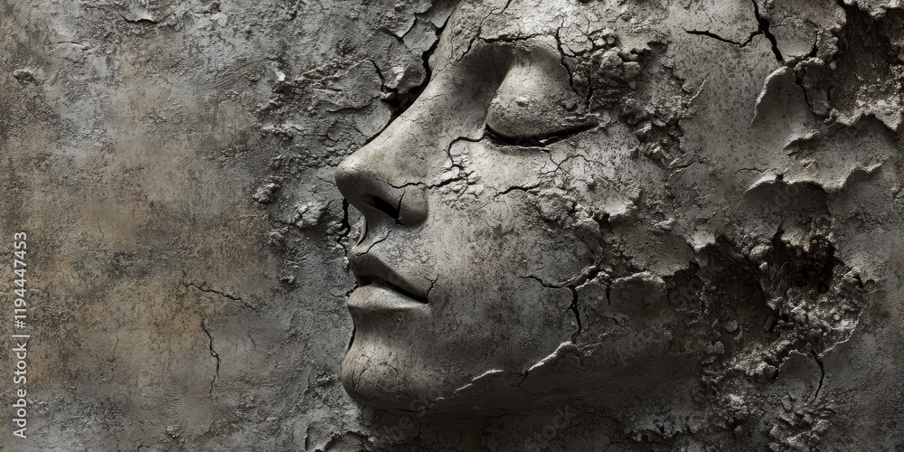 Poster abstract surface of a mask overlay on a textured wall, featuring a rough design that creates a uniqu