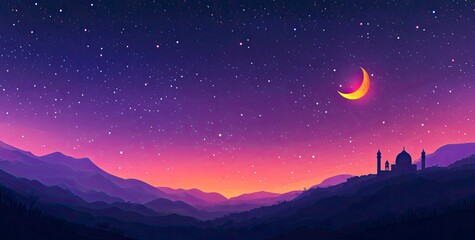 Naklejka premium Vector illustration of a purple gradient night sky with stars and moon, a mosque silhouette in the bottom right corner, at the center top, colorful. 