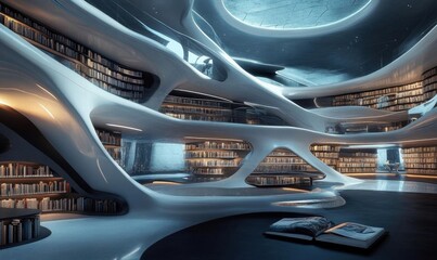 A modern library with futuristic design and ample bookshelves.