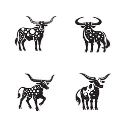 Set of 4 Detailed Monochrome Vector Silhouettes of the Six-spotted Longhorn Isolated on a White Background