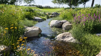 Serene natural stream with lush wildflowers and sunny landscape