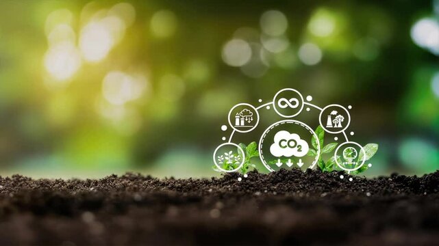 A small plant growing in soil with carbon capture icons on a blurred green background, symbolizing CO2 capture and environmental sustainability