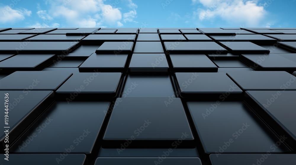 Poster striking facade features rectangular black tiles arranged in a geometric pattern, creating a contemp