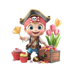 Naklejka premium Adorable Pirate Baby with Treasure Chest, Cupcakes, and Tulips