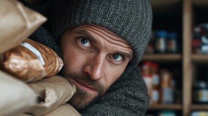 man with a full beard and grey beanie appears anxious while peering over neatly stacked bags in a cluttered storage space, surrounded by shelves filled with jars and canned goods