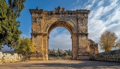 Ancient stone archway amidst trees and a scenic landscape.