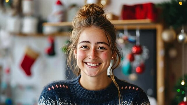 A happy girl enjoys designing holiday sweaters, inspired by cute Christmas decor and her family traditions