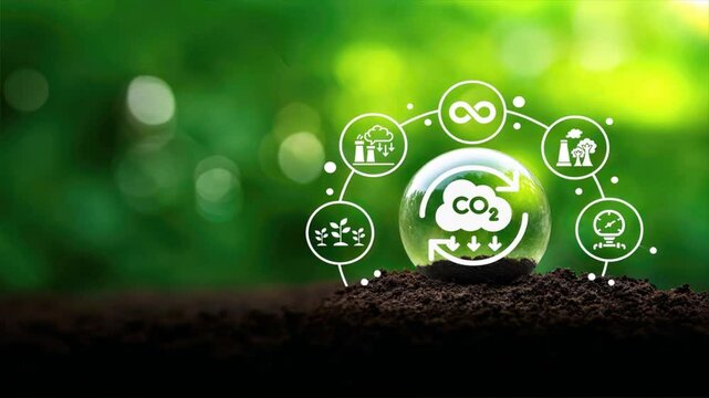 A crystal ball with the CO2 symbol placed in soil against a green background, highlighting carbon capture and its role in reducing CO2 emissions