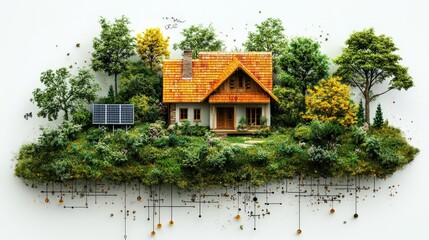 Enchanted House Surrounded by Nature with Solar Panels and Vibrant Trees Depicted as a Dreamy Landscape with Artistic Touches and Lush Greenery