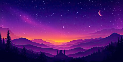 Vector illustration of a purple gradient night sky with stars and moon, a mosque silhouette in the bottom right corner, at the center top, colorful. 