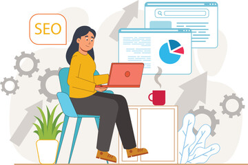 An SEO expert analyzes search engine insights through a magnifying glass, uncovering valuable information to enhance website performance and visibility.