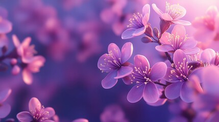 Close-up of vibrant pink cherry blossoms in bloom against a soft purple background