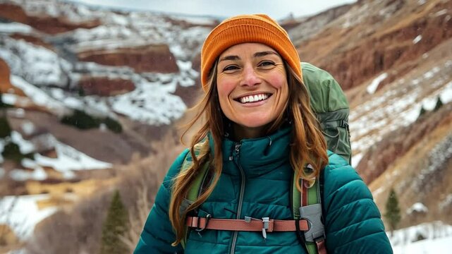 A happy woman organizes spring hiking gear reviews, encouraging outdoor enthusiasts to connect with nature