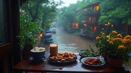 Fototapeta premium Rainy canal-side dining, Asian food, city view