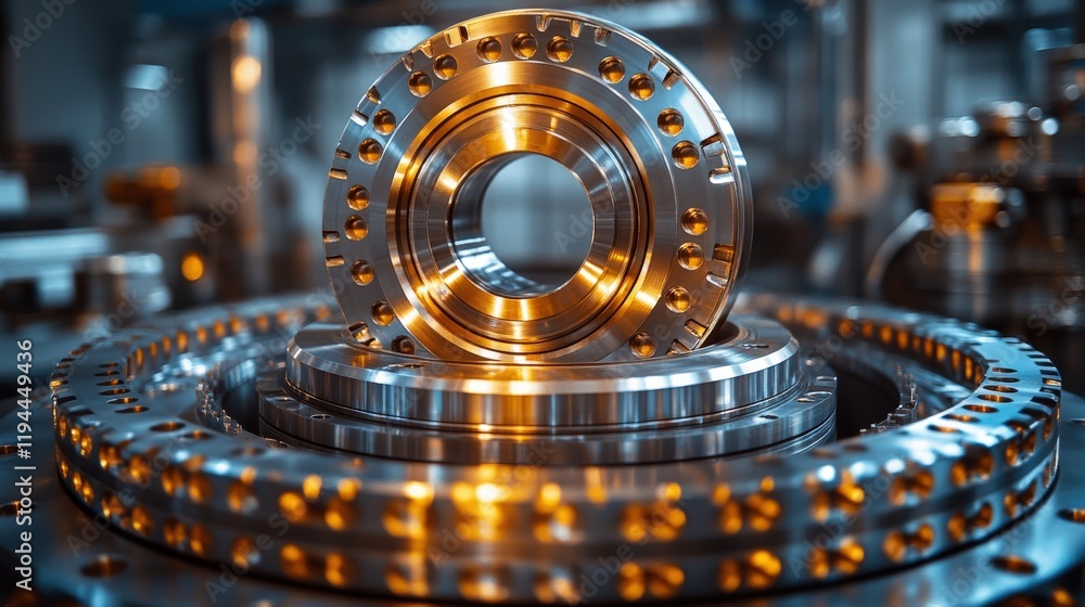 Poster industrial precision machinery components with glossy metal surface and intricate design in a modern