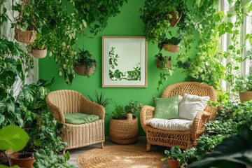 Serene Green Room With Wicker Chairs And Abundant Plants
