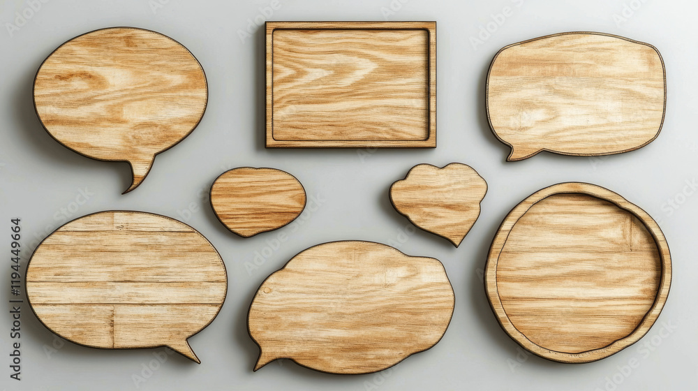 Poster cartoon set of wooden speech bubbles isolated on background. vector illustration of empty message fr