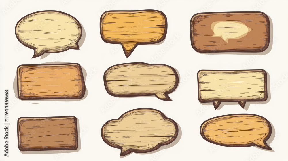 Poster cartoon set of wooden speech bubbles isolated on background. vector illustration of empty message fr