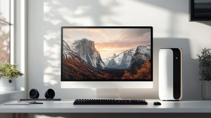 Fototapeta premium Creative workspace inspiration nature views from home office digital art bright environment cozy atmosphere