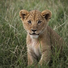 Obraz premium A lion cub hiding in the grass, white background.