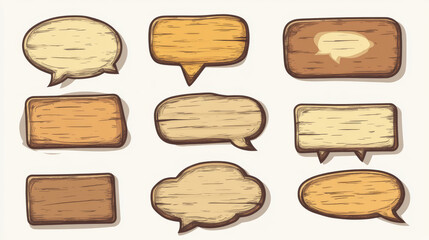 Cartoon set of wooden speech bubbles isolated on background. Vector illustration of empty message frames with blank paper template for text. Square, rectangular, round sign boards. Retro announcement