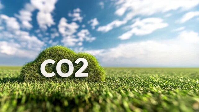 A green grassy field with the word CO2 in white letters on a grassy cloud, symbolizing carbon capture and reducing CO2 emissions in nature