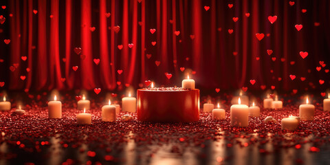 A luxurious podium is surrounded by floating candles and heart-shaped decorations, creating a romantic atmosphere for a Valentine's Day event or presentation
