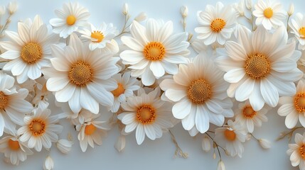 Obraz premium Blooming white daisies on light background with soft petals