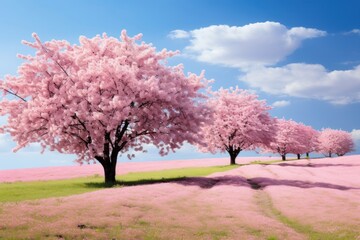 Hilly grass field with cherry blossom trees outdoors nature flower.